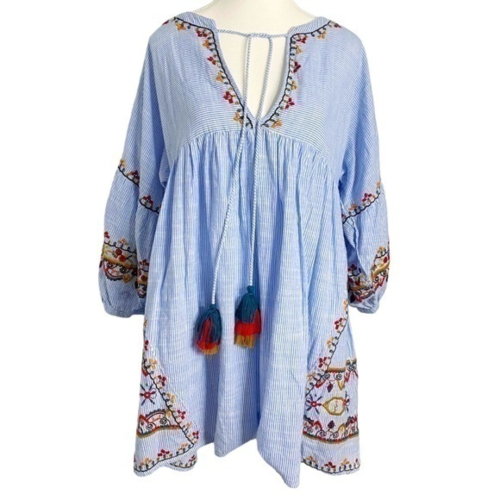 Zara Blue and White Striped Embroidered Shirt Dress with Pockets